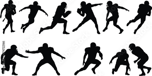 American football player silhouette set, running tackling poses black vector collection isolated on white background, sport action illustration design