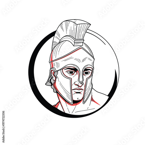 Spartan Warrior Head Illustration in Circular Frame, Ancient Greek Soldier Profile with Corinthian Helmet and Plume, Minimalist Line Art Vector Design