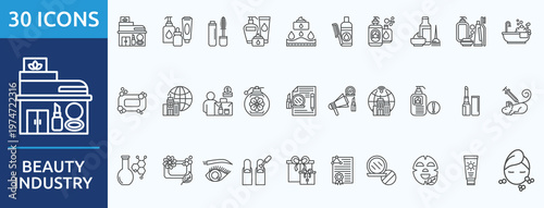  beauty industry - Icon Collection. Thin outline Set contains such Icons as manufacture, cosmetic distribution, cosmetic product and more. Simple web icons set
