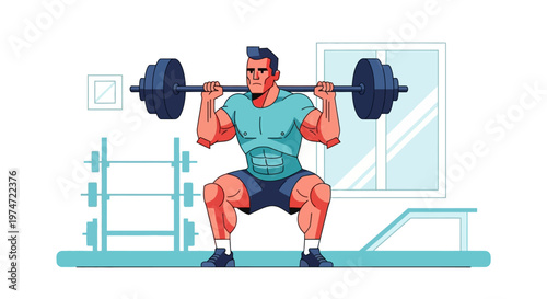 Flat Illustration of a Muscular Man Doing Squats with Barbell in Gym