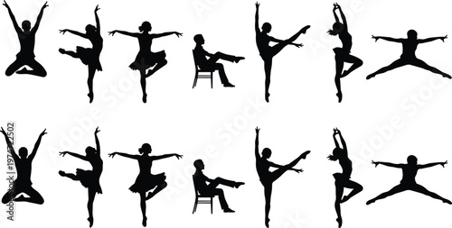Dance silhouette set, ballet dancers jumping poses black vector collection isolated on white background, graceful performance illustration design