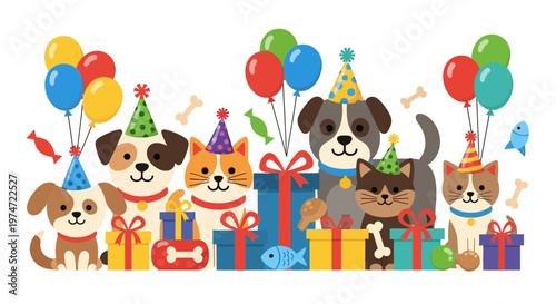 A festive vector illustration celebrating pet day features adorable cartoon dogs and cats wearing party hats, surrounded by colorful gifts and balloons against a clean white background