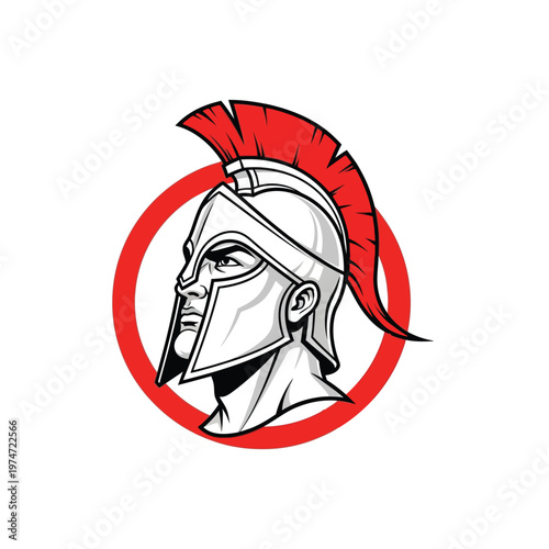 Spartan Warrior Head Mascot Logo Vector Illustration, Ancient Greek Gladiator with Red Plume Helmet in Circle Frame, Roman Centurion Icon for Sports or Gaming