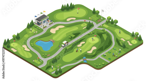 Isometric golf course landscape illustration green sport field with lakes and fairways vector style