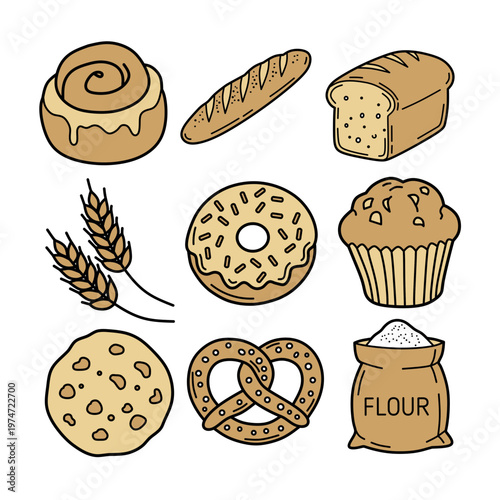 colorful bakery and fresh bread illustration set natural golden brown food bundle hand drawn vector