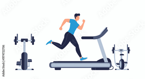 Modern Flat Illustration of Man Running on Treadmill in Gym