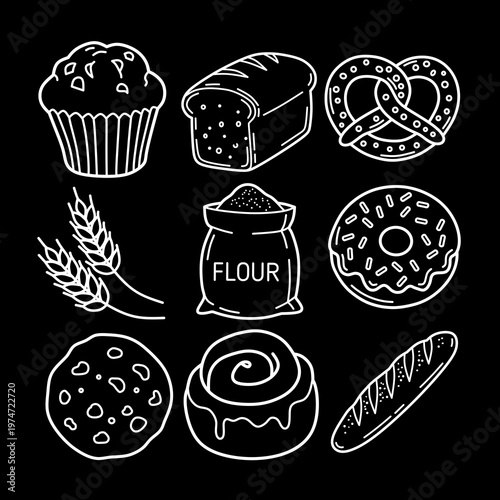 inverted bakery and fresh bread line art white outline food illustrations on dark background minimalist vector set