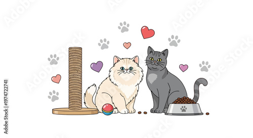 On National Pet Day, a cute vector illustration features two cats, one cream and one gray, with a scratching post, a ball, and a food bowl, all set against a clean white background