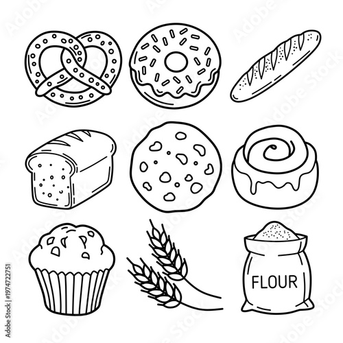 bakery and fresh bread line art illustration bundle minimalist black outline doodle vector icons for food design