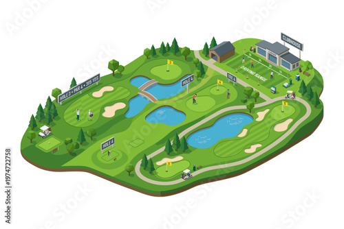 Isometric golf course landscape illustration green sport field with lakes and fairways vector style