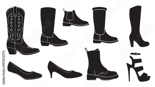 Black footwear silhouettes set, collection of 9 fashion shoes and boots icons, stylish female footwear vector illustrations for retail and shopping