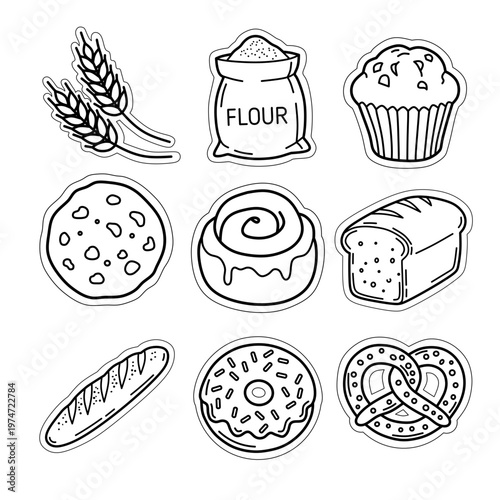 minimalist bakery and fresh bread sticker sheet bundle with thick white border and bold outlines hand drawn vector illustration
