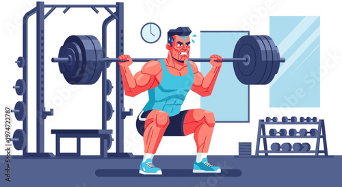 Stylized Fitness Man Squatting with Barbell in Gym Illustration Design