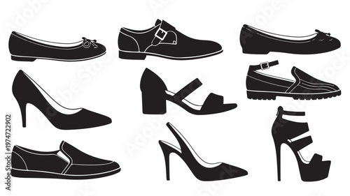 Black footwear silhouettes set, collection of 9 fashion shoes icons, elegant high heels and flat casual footwear vector illustrations for retail