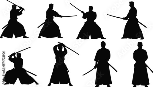 Samurai warrior silhouette collection with katana sword fighting poses, Japanese martial arts vector set isolated on white background for combat, culture, and tradition concepts