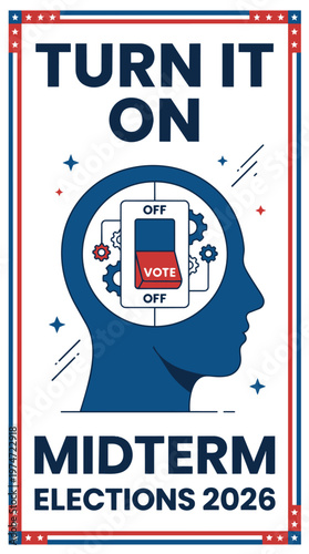 Turn It On Voting Awareness Poster US Midterm Elections 2026, Brain Activation Voting Concept American Election Reminder Design, Think and Vote Civic Awareness Poster USA Elections Illustration