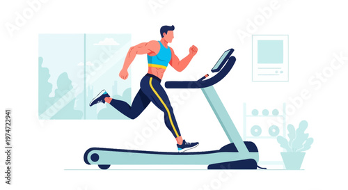 Modern Illustration of Muscular Man Running on Treadmill in Home Gym