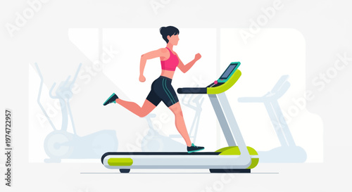 Modern Flat Illustration of a Woman Running on Treadmill at Gym