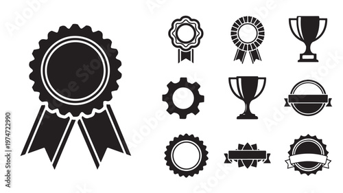 Award ribbon and trophy icons set, black silhouette achievement medals and winner cups, 10 graphic elements for certification and success
