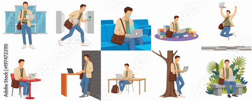 Diverse Flat Illustration Set of Young Man with Laptop in Various Poses