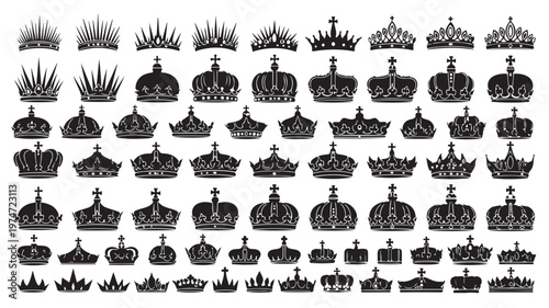 Royal crown silhouette collection, 63 black imperial tiara and monarch headwear icons, vintage heraldic king and queen crown vector set
