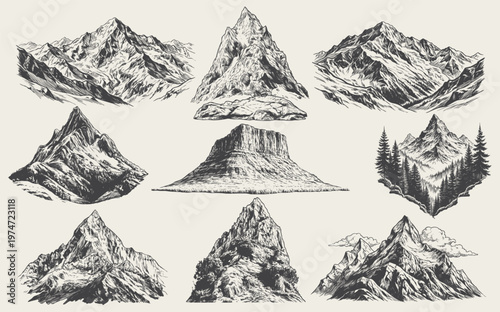 Hand drawn mountain landscapes illustrated in detailed vintage engraving line art. Collection of peaks, cliffs, and natural scenery suitable for outdoor design, travel graphics, adventure themes, and 