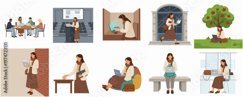 Minimalist Diverse Woman Studying and Working in Different Scenarios Illustration Set