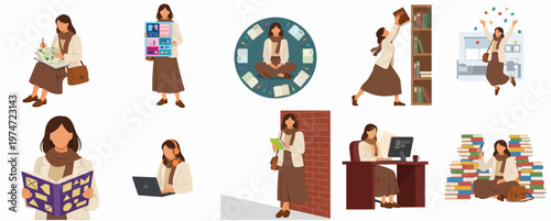 Flat Style Diverse Woman in Library Activities Illustration Set
