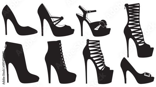Black silhouette high heels collection, set of 8 elegant women shoes icons, stylish stiletto footwear and fashion boots vector illustrations