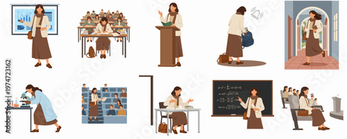 Flat Style Depicting a Teacher in Various School Activities Illustration