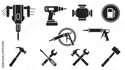 Industrial construction tools icon set, black silhouette hardware equipment, 10 vector elements for building and repair maintenance projects