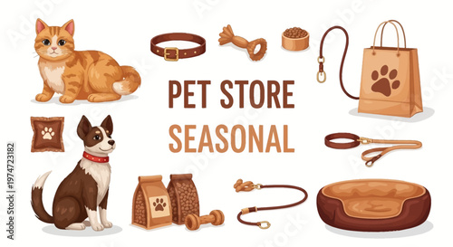 A vector illustration celebrates National Pet Day, featuring a brown and white dog and orange cat, alongside accessories like a pet bed, collar, and food, all designed in a cartoon style