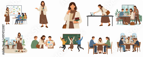 Cuadro en lienzo Flat Illustration Diverse Students Learning in Classroom Education Scene Set
