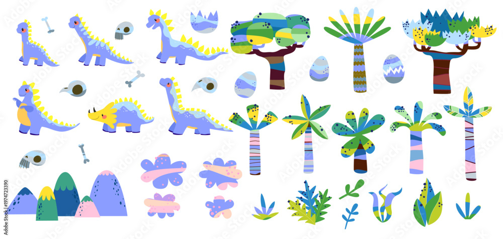 Fototapeta premium Blue Dinosaur Illustration Kit with Mountains and Eggs for Baby Shower Decorations and Boys Room Interior Design Hand Drawn Prehistoric Assets
