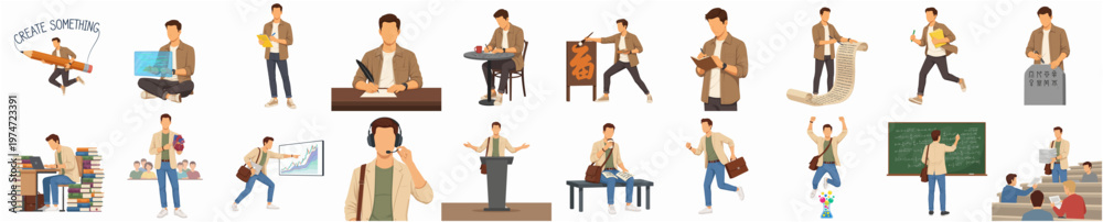 Obraz premium Flat Illustration of Young Man in Different Activities and Postures