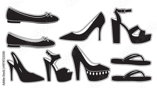 Black silhouette women's shoes collection, elegant female footwear set with high heels and flats, 8 vector icons of stylish lady shoes