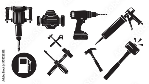 Industrial construction tools vector set, black silhouette power tool icons, professional building equipment for renovation and repair projects