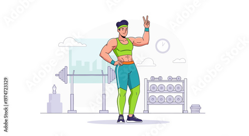 Handdrawn Sporty Muscular Woman Character with Peace Sign in Gym