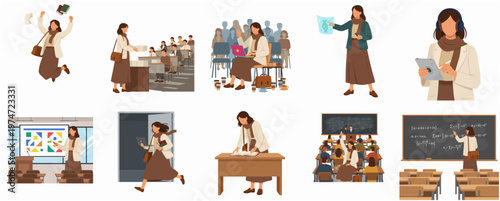 Detailed Illustration Set of a Female Teacher in Various Classroom Activities