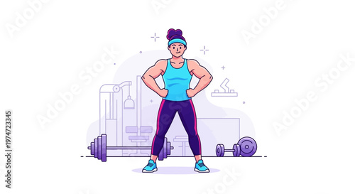 Minimalist Line Art Strong Woman in Gym with Exercise Equipment Illustration