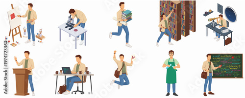 Isometric Diverse Occupation and Hobby Character Set Illustration in Various Scenes