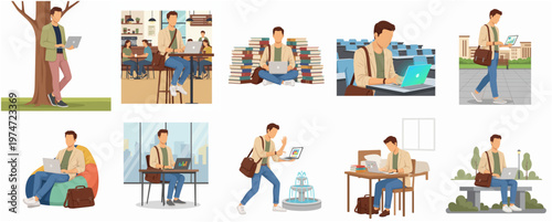 Modern Flat Style Set of Man Using Laptop in Different Situations Illustration