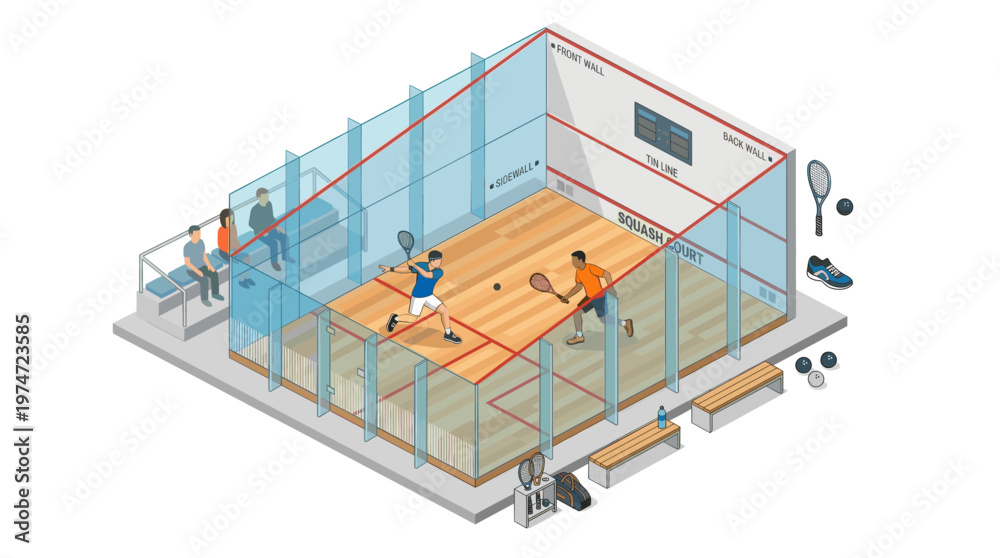 Fototapeta premium Isometric squash court illustration indoor racket sport game with players glass walls vector style