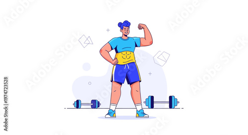 Modern Flat Illustration of Strong Man Bodybuilding with Dumbbells