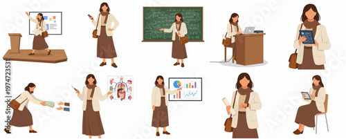 Modern Flat Illustration of a Teacher Character in Different Classroom Poses