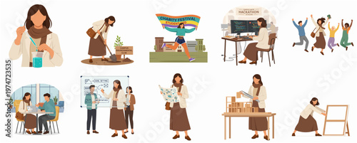 Diverse Flat Design Woman in Various Occupation and Activities Illustration Set