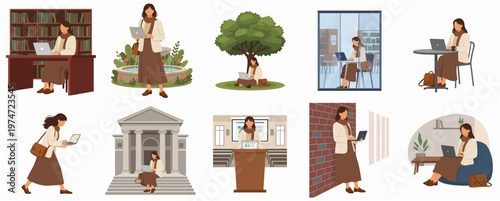 Simple Flat Illustration Set of Woman Working in Various Locations