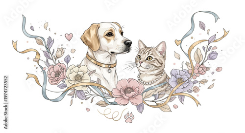 Elegant pet day illustration featuring a golden retriever and a tabby cat adorned with floral elements, presented in a soft, watercolor style against a clean white background