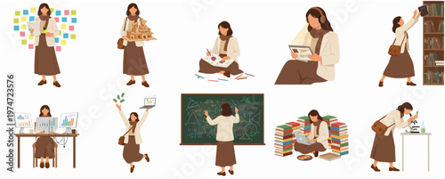 Flat Style Diverse Woman Characters Set Doing Different Activity Illustration