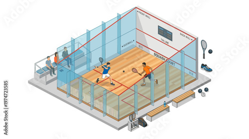 Isometric squash court illustration indoor racket sport game with players glass walls vector style
